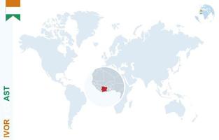 mapa del mundo azul con lupa en costa de marfil. vector