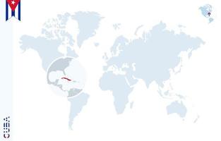 mapa del mundo azul con lupa en cuba. vector