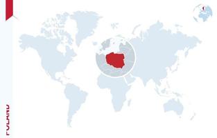 Blue world map with magnifying on Poland. vector