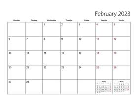 February 2023 simple calendar planner, week starts from Monday. vector