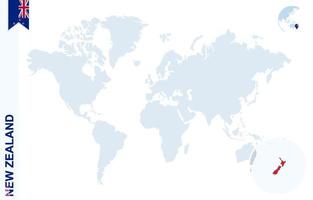 Blue world map with magnifying on New Zealand. vector