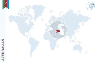 Blue world map with magnifying on Azerbaijan. vector