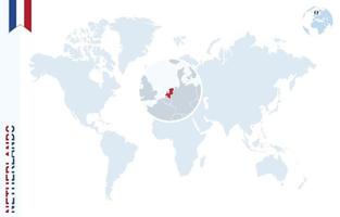 Blue world map with magnifying on Netherlands. vector