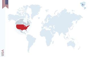 Blue world map with magnifying on USA. vector