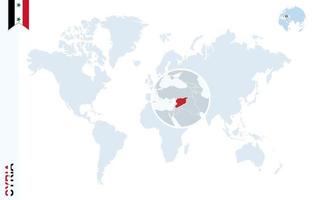 mapa del mundo azul con lupa en siria. vector