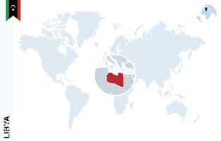 mapa del mundo azul con lupa en libia. vector