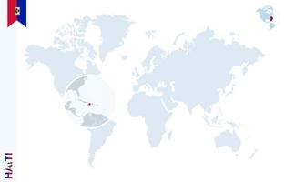mapa del mundo azul con lupa en haití. vector