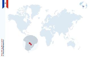 Blue world map with magnifying on Paraguay. vector