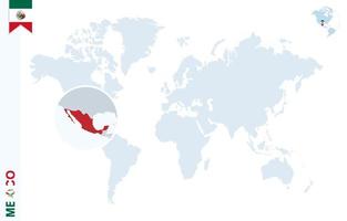 Blue world map with magnifying on Mexico. vector