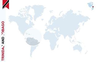 Blue world map with magnifying on Trinidad and Tobago. vector