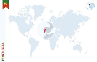 mapa del mundo azul con lupa en portugal. vector