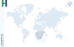 Blue world map with magnifying on Lesotho. vector