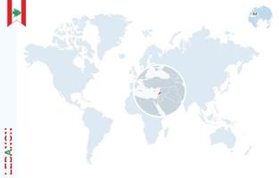 Blue world map with magnifying on Lebanon. vector