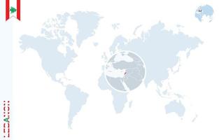 Blue world map with magnifying on Lebanon. vector