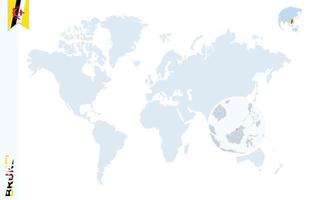 Blue world map with magnifying on Brunei. vector