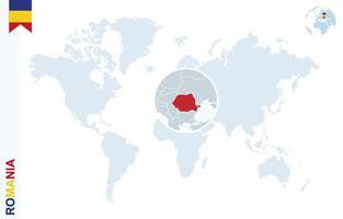 mapa del mundo azul con lupa en rumania. vector