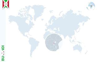 Blue world map with magnifying on Burundi. vector