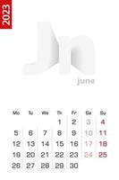 Minimalist calendar template for June 2023, vector calendar in English.