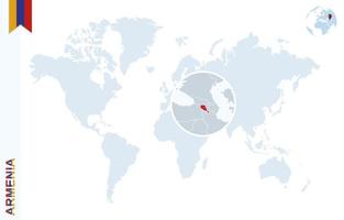 Blue world map with magnifying on Armenia. vector