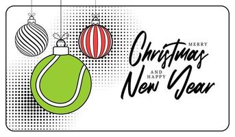 tennis christmas greeting card in trendy line style. Merry Christmas and Happy New Year outline cartoon Sports banner. tennis ball as a xmas ball on white background. Vector illustration.