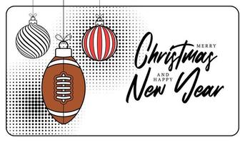 football, rugby christmas greeting card in trendy line style. Merry Christmas and Happy New Year outline cartoon Sports banner. ball as a xmas ball on white background. Vector illustration.