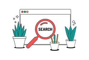 Search screen concept. minimal cartoon line style magnifying glass icon with computer window. Vector illustration online Browser search concept.