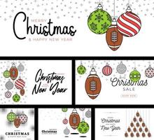 football, rugby sport christmas card set in trendy line style. Merry Christmas sport flat greeting card. Hang on a thread ball as a xmas ball. Sport Vector illustration collection.