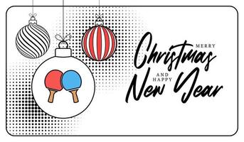 ping pong christmas greeting card in trendy line style. Merry Christmas and Happy New Year outline cartoon Sports banner. ping pong ball as a xmas ball on white background. Vector illustration.