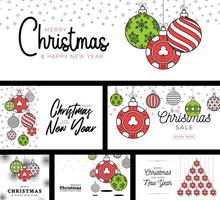 poker christmas card set in trendy line style. Merry Christmas sport flat greeting card. Hang on a thread casino chip as a xmas ball. Sport Vector illustration collection.