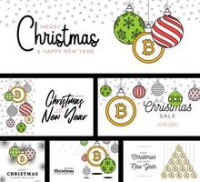 bitcoin christmas card set in trendy line style. Merry Christmas sport flat greeting card. Hang on a thread bitcoin as a xmas ball. Sport Vector illustration collection.