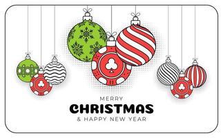 Poker christmas greeting card in trendy line style. Merry Christmas and Happy New Year outline cartoon Sports banner. casino chip as a xmas ball on white background. Vector illustration.