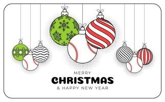 Baseball christmas greeting card in trendy line style. Merry Christmas and Happy New Year outline cartoon Sports banner. Baseball ball as a xmas ball on white background. Vector illustration.