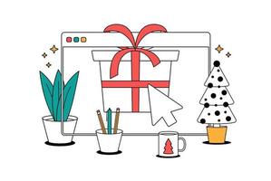 Christmas online shopping. Line cartoon vector illustration with browser window with red gift box, spruce, cup on the desk, winter holidays sales.