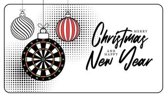 dart christmas greeting card in trendy line style. Merry Christmas and Happy New Year outline cartoon Sports banner. dartboard as a xmas ball on white background. Vector illustration.