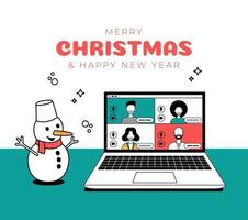 man and woman meeting online together via video conference on a laptop to virtual discussion on Christmas holiday. new year people meeting together online via video calling vector illustration.