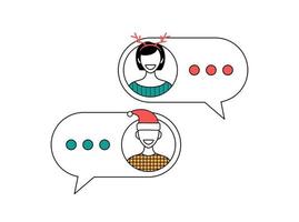 christmas chatting with woman and man vector illustration. Online chat between a guy and a girl. Man and woman icons in flat style on mobile bubble . Chat messaging communication