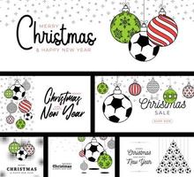 soccer, football sport christmas card set in trendy line style. Merry Christmas sport flat greeting card. Hang on a thread soccer ball as a xmas ball. Sport Vector illustration collection.