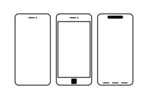 conjunto de iconos de línea de teléfono inteligente. conjunto de modelos de teléfonos inteligentes con pantallas en blanco. colección de maquetas de teléfonos inteligentes. maqueta de teléfono en el frente. vector