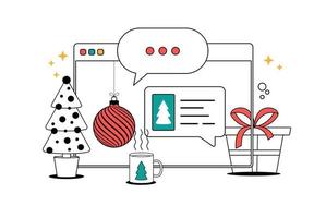 Christmas chatting on browser. Chat messages on computer online vector illustration, line cartoon workspace with chatting bubble notifications, tree and gift