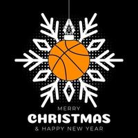 basketball christmas greeting card. Merry Christmas and Happy New Year outline style flat cartoon Sports banner. basketball ball as a xmas ball on black background. Vector illustration.