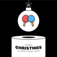 ping pong Christmas bauble pedestal. Merry Christmas sport greeting card. Hang on a thread ping pong ball as a xmas ball on white podium on black background. Sport Trendy Vector illustration.