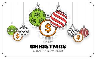 money christmas greeting card in trendy line style. Merry Christmas and Happy New Year outline cartoon money banner. coin as a xmas ball on white background. Vector illustration.