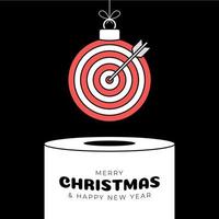 target Christmas bauble pedestal. Merry Christmas sport greeting card. Hang on a thread target ball as a xmas ball on white podium on black background. Sport Trendy Vector illustration.