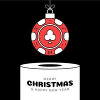 poker Christmas bauble pedestal. Merry Christmas sport greeting card. Hang on a thread casino chip as a xmas ball on white podium on black background. Sport Trendy Vector illustration.