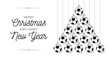 soccer, football Christmas and new year bauble tree greeting card. Creative Xmas tree made by soccer ball. Christmas and new year outline flat Vector Sport greeting card banner. Trendy vector style