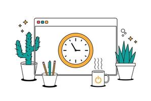 Window screen clock time. Vector color web icons in cartoon line style. Creative illustration with plant, tea cup and pencils