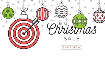 target christmas greeting card in trendy line style. Merry Christmas and Happy New Year outline cartoon Sports banner. target ball as a xmas ball on white background. Vector illustration.