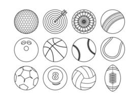 juego de equipos de balones deportivos. estilo de línea de dibujos animados planos bolas deportivas vector conjunto grande aislado sobre fondo blanco