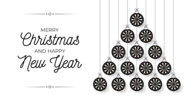 dart Christmas and new year bauble tree greeting card. Creative Xmas tree made by dart ball. Christmas and new year outline flat Vector Sport greeting card banner. Trendy vector style