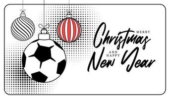 football christmas greeting card in trendy line style. Merry Christmas and Happy New Year outline cartoon Sports banner. soccer ball as a xmas ball on white background. Vector illustration.